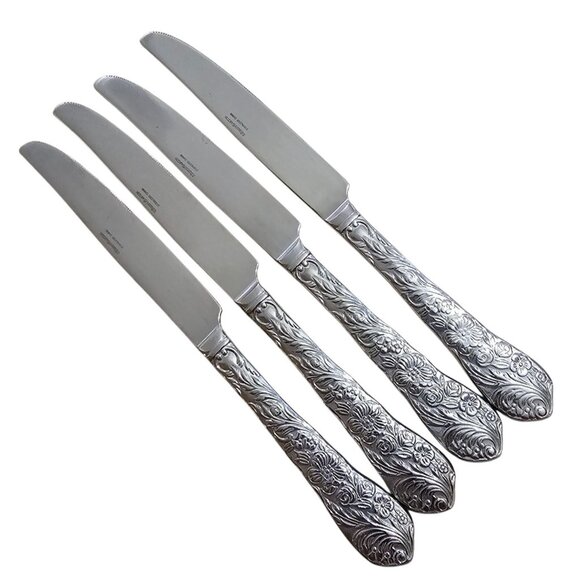 Reed Barton Flora Dinner Knives 10" set/4 stainless embossed flowers chintz - Picture 1 of 6